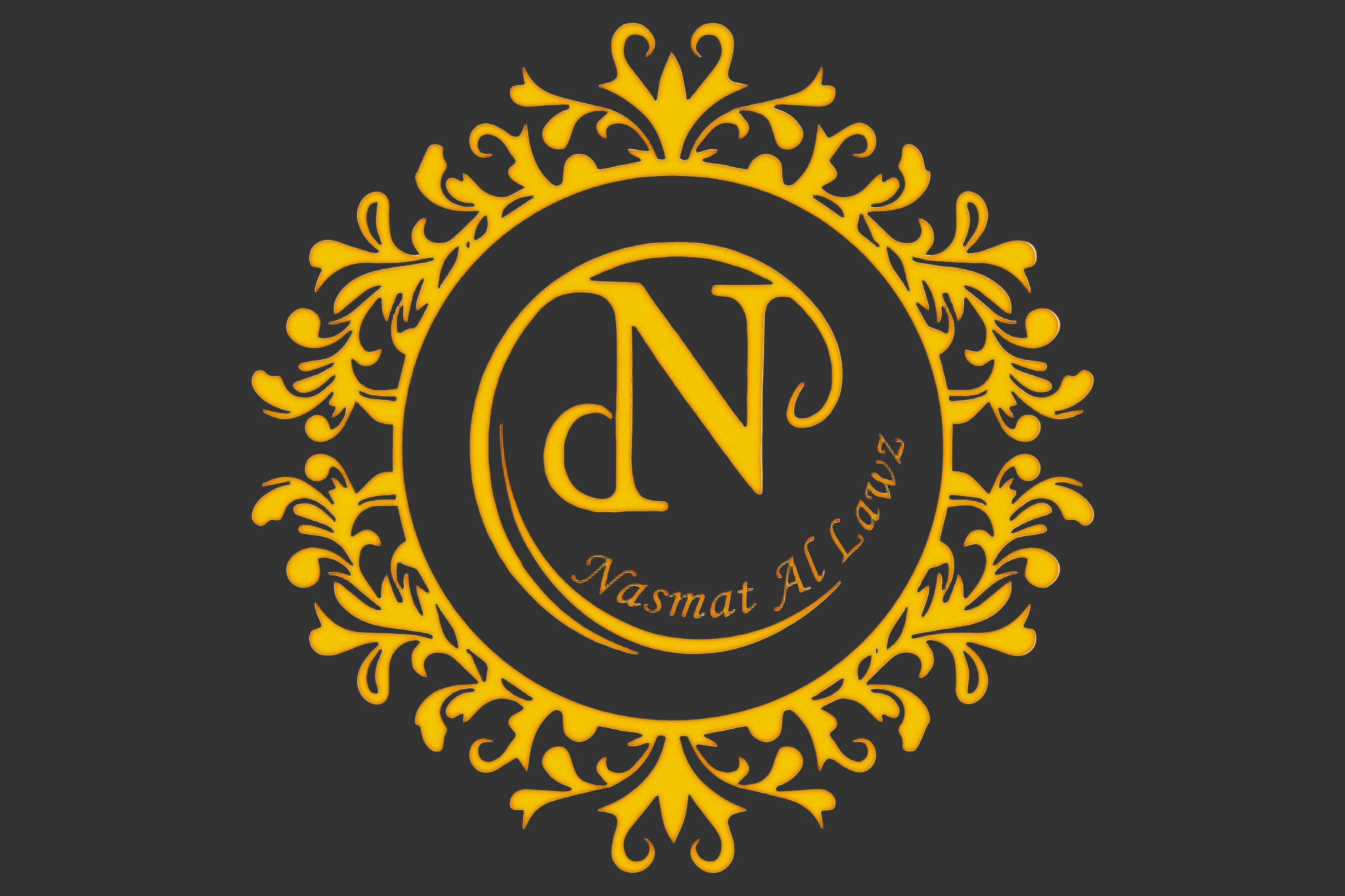 Decorative logo with gold 'dN' initials and text on a white background